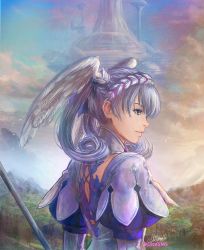 Rule 34 | 1girl, blue eyes, braid, crown braid, floating city, forest, head wings, highres, holding, holding staff, juliet sleeves, long sleeves, melia antiqua, nature, nintendo, profile, puffy sleeves, silver hair, sky, solo, staff, stephanie sybydlo, watermark, wings, xenoblade chronicles: future connected, xenoblade chronicles (series), xenoblade chronicles 1