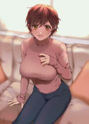 Rule 34 | 1girl, absurdres, blue pants, breasts, brown eyes, brown hair, commentary, couch, denim, hand on own chest, highres, idolmaster, idolmaster cinderella girls, jeans, large breasts, oikawa shizuku, pants, pink sweater, salty gana, short hair, sitting, solo, sweater, symbol-only commentary