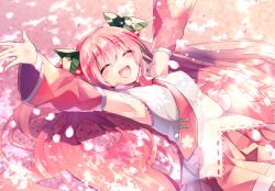 Rule 34 | 1girl, armpits, arms up, blush, cherry hair ornament, closed eyes, collared shirt, dappled sunlight, detached sleeves, food-themed hair ornament, hair ornament, hatsune miku, highres, long hair, lying, mani (second-dimension), necktie, on back, open mouth, petals, pink hair, pleated skirt, sakura miku, shirt, skirt, sleeveless, sleeveless shirt, solo, sunlight, twintails, very long hair, vocaloid