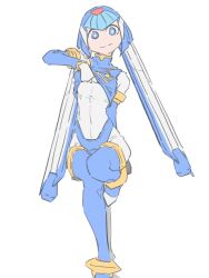 Rule 34 | 1girl, android, armor, blue armor, blue eyes, blue footwear, blue helmet, blue vest, bodysuit, boots, clothes lift, d sugama, fairy leviathan (mega man), foot out of frame, forehead jewel, helmet, highres, leg up, looking at viewer, mega man (series), mega man zero (series), no nose, robot girl, shirt lift, simple background, sitting, solo, thigh boots, vest, white background, white bodysuit