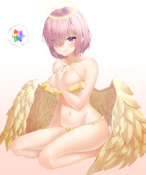 Rule 34 | 1girl, absurdres, alternate costume, angel wings, bad id, bad pixiv id, bare arms, bare shoulders, between breasts, bikini, breasts, cleavage, closed mouth, collarbone, commentary request, criss-cross halter, fate/grand order, fate (series), feathered wings, gradient background, groin, hair over one eye, halo, halterneck, highres, kneeling, large breasts, looking at viewer, mash kyrielight, navel, pink hair, purple eyes, saint quartz (fate), short hair, sidelocks, smile, solo, speech bubble, swimsuit, verena, wings, yellow bikini
