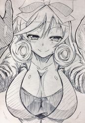 Rule 34 | 1girl, blush, bow, breasts, cleavage, closed mouth, collarbone, curly hair, female focus, greyscale, hair bow, haruka (senran kagura), highres, jin homuhomu, large breasts, looking at viewer, monochrome, motion lines, pov, senran kagura, shiny skin, smile, solo, traditional media, upper body