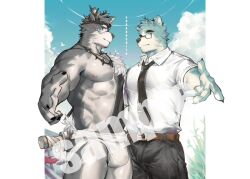 Rule 34 | 2boys, abs, animal ears, bara, beckoning, black necktie, black pants, blue fur, bulge, cloud, cloudy sky, collared shirt, commission, dog boy, fang, fang out, feet out of frame, furry, furry male, glasses, grey fur, jewelry, large pectorals, laserbiubiu, leather belt, loincloth, male focus, multiple boys, muscular, muscular male, necklace, necktie, nipples, original, outstretched hand, pants, pectorals, reaching, reaching towards viewer, salaryman, sample watermark, sheath, sheathed, shirt, short hair, sky, smile, standing, stomach, testicle peek, thick eyebrows, thick thighs, thighs, tribal, watermark, wolf boy, wolf ears