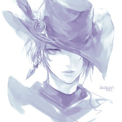 Rule 34 | 1girl, androgynous, commentary, dated, earrings, expressionless, final fantasy, final fantasy xiv, hat, hat feather, hat ornament, hat over one eye, jewelry, looking at viewer, monochrome, one eye covered, parted lips, portrait, reverse trap, short hair, signature, simple background, solo, tricorne, uroko (mnr), white background, zero (ff14)