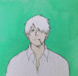 Rule 34 | 1boy, buttons, closed mouth, collared shirt, ginko, godzillapigeon1, green background, hair over one eye, highres, male focus, mouth hold, mushishi, one eye covered, shirt, short hair, simple background, sketch, solo, stalk in mouth, traditional media, upper body, white hair, white shirt