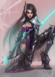 Rule 34 | armor, asymmetrical clothes, bad id, bad pixiv id, black hair, gauntlets, hellcherr, highres, looking to the side, pauldrons, red eyes, shoulder armor, solo, spread legs, squatting, sword, weapon