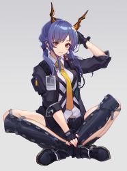 Rule 34 | 1girl, arknights, arm up, black footwear, black gloves, black jacket, blue hair, catsmoon, ch&#039;en (arknights), commentary request, fingerless gloves, gloves, grey background, highres, horns, indian style, jacket, long hair, long sleeves, looking at viewer, necktie, open clothes, open jacket, purple eyes, shin guards, shirt, shoes, sidelocks, simple background, sitting, solo, white shirt, yellow necktie
