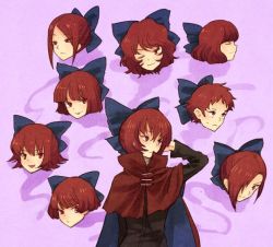 Rule 34 | 1girl, alternate hairstyle, bow, cape, closed eyes, comparison, covering one eye, disembodied head, hair bow, hair ornament, jpeg artifacts, long sleeves, looking at viewer, looking up, one eye closed, open mouth, profile, red eyes, red hair, sekibanki, shirt, short hair, simple background, smile, sweatdrop, touhou, urin