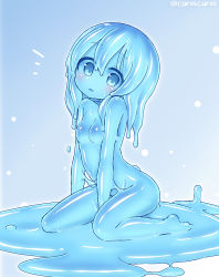 Rule 34 | 1girl, barefoot, between legs, blue eyes, blue hair, blue sclera, blue skin, blue theme, breasts, colored sclera, colored skin, completely nude, curss, hand between legs, head tilt, highres, long hair, looking at viewer, monster girl, nude, original, outline, parted lips, puddle, sitting, slime girl, small breasts, solo, twitter username, white outline