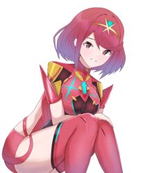 Rule 34 | 1girl, black leotard, breasts, commentary, eyebrows hidden by hair, feet out of frame, hair between eyes, hand on own knee, headpiece, highres, knees together feet apart, large breasts, leaning forward, leotard, looking at viewer, nishiroji, pyra (xenoblade), red eyes, red hair, red shorts, red thighhighs, short shorts, shorts, simple background, sitting, smile, solo, thighhighs, white background, xenoblade chronicles (series), xenoblade chronicles 2