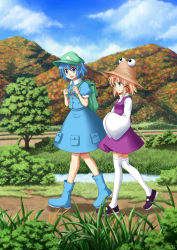 Rule 34 | 2girls, backpack, bag, blonde hair, blue eyes, blue hair, bluepony, boots, female focus, grass, hair bobbles, hair ornament, hat, highres, kawashiro nitori, key, moriya suwako, mountain, multiple girls, open mouth, own hands together, path, randoseru, road, short hair, sleeves past wrists, smile, thighhighs, touhou, tree, twintails, two side up, walking, water, white thighhighs