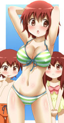 Rule 34 | 10s, 1boy, 2girls, :d, armpits, arms behind head, awa, bikini, blush, breasts, brother and sister, child, contrapposto, cowboy shot, front-tie top, highres, inokuma kouta, inokuma mitsuki, inokuma youko, kin-iro mosaic, large breasts, licking lips, multiple girls, navel, open mouth, red eyes, red hair, short hair, siblings, sisters, smile, standing, strap gap, striped bikini, striped clothes, swimsuit, tongue, tongue out