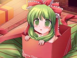 Rule 34 | 1girl, blush, bow, box, child, christmas, female focus, frills, front ponytail, gift, green eyes, green hair, hair bow, highres, in box, in container, kagiyama hina, long hair, lzh, matching hair/eyes, nude, room, solo, touhou