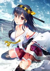 Rule 34 | 10s, 1girl, black hair, blush, boots, breasts, cleavage, collarbone, detached sleeves, hairband, haruna (kancolle), henet hene, japanese clothes, kantai collection, large breasts, long hair, miniskirt, nontraditional miko, open mouth, red eyes, skirt, solo, thigh boots, thighhighs, water, zettai ryouiki