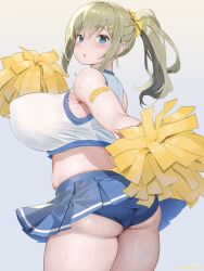 Rule 34 | 1girl, :o, ass, aymusk, bandaid, bandaid on arm, blonde hair, blue buruma, blue eyes, blue skirt, blush, breasts, buruma, cheerleader, commentary request, freckles, freckles-chan (aymusk), gradient background, grey hair, hair between eyes, hair ornament, hair scrunchie, hairclip, highres, holding, holding pom poms, huge breasts, looking at viewer, original, pom pom (cheerleading), pom poms, ponytail, scrunchie, shirt, simple background, skirt, solo, standing, sweat, white shirt