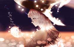 Rule 34 | 1girl, bare shoulders, black hat, brown eyes, english text, from side, ghost, glasses, glowing, halloween, hana (asml30), hat, light, long hair, looking down, original, pink hair, profile, solo, sparkle, upper body, witch, witch hat