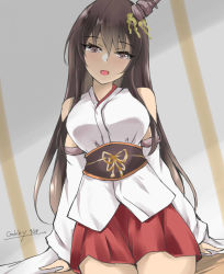 Rule 34 | 1girl, black hair, breasts, commentary, cowboy shot, detached sleeves, fusou (kancolle), gakky, hair ornament, japanese clothes, kantai collection, large breasts, long hair, looking at viewer, obi, one-hour drawing challenge, pleated skirt, red eyes, red skirt, sash, sitting, skirt, solo