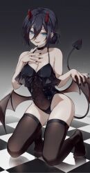 1girl bare_shoulders black_choker black_hair black_leotard black_thighhighs black_wings blue_eyes breasts chainsaw_man choker cleavage demon_girl demon_horns demon_tail demon_wings hair_between_eyes hand_up highres horns kneeling leotard looking_at_viewer low_wings nail_polish no_shoes open_mouth reze_(chainsaw_man) smile solo swkl:d tail thighhighs wings