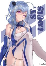 Rule 34 | 1girl, absurdres, arm up, azur lane, bare shoulders, blue hair, blush, breasts, cleavage, clothing cutout, dress, elbow gloves, garter straps, gloves, hair between eyes, harris hero, highres, large breasts, looking at viewer, purple eyes, ribbon, sidelocks, sitting, smile, st. louis (azur lane), taut clothes, taut dress, thighhighs, two-tone dress, two-tone legwear, underboob cutout, white gloves, white thighhighs