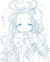 Rule 34 | 1girl, :d, ^ ^, blue archive, blush, braid, closed eyes, commentary request, disembodied hand, forehead, guriin, halo, highres, jacket, long sleeves, monochrome, nervous smile, one side up, open mouth, power symbol, simple background, smile, solo, speed lines, translation request, white background, yuzu (blue archive)