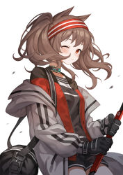 Rule 34 | 1girl, angelina (arknights), animal ears, arknights, bag, black gloves, black shirt, black shorts, brown hair, choker, cowboy shot, duffel bag, gloves, grey jacket, headband, holding, jacket, long hair, long sleeves, looking at viewer, off shoulder, one eye closed, open clothes, open jacket, orange eyes, red jacket, shirt, short shorts, shorts, simple background, solo, twintails, white background, ziko