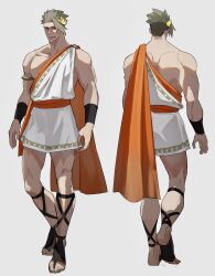 Rule 34 | 1boy, absurdres, achilles (fate), ancient greek clothes, armlet, black footwear, brown eyes, collarbone, fate (series), full body, greco-roman clothes, green hair, haruakira, highres, laurel crown, male focus, multiple views, muscular, muscular male, orange sash, pectorals, sandals, short hair, simple background, undercut, white background, wrist guards