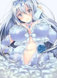 Rule 34 | 10s, artist request, aurora star coral, bermuda triangle, blush, breasts, cardfight!! vanguard, cleavage, dress, flower, jewelry, large breasts, long hair, looking at viewer, necklace, grey eyes, silver hair, white dress
