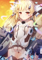 Rule 34 | 1girl, ahoge, azur lane, bare shoulders, blonde hair, breasts, cannon, cleavage cutout, clothing cutout, commentary request, detached sleeves, eldridge (azur lane), long hair, looking at viewer, madotsukumo, parted lips, red eyes, rigging, sideboob, small breasts, solo, standing, tabard, thighhighs, thighs, twintails, very long hair