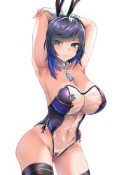 Rule 34 | 1girl, animal ears, armpits, arms up, black hair, black thighhighs, blue hair, blush, bob cut, breasts, cleavage, covered navel, cowboy shot, diagonal bangs, dice, fake animal ears, fingerless gloves, genshin impact, gloves, green eyes, highres, large breasts, lasts, leotard, looking at viewer, meme attire, mole, mole on breast, multicolored hair, neck tassel, parted lips, playboy bunny, rabbit ears, see-through, see-through leotard, short hair, smile, solo, thighhighs, translucent bunnysuit, twitter username, two-tone hair, white background, white gloves, yelan (genshin impact)
