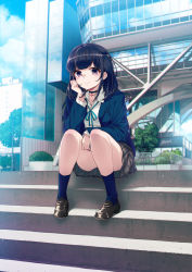 Rule 34 | 1girl, 40hara, aqua ribbon, between legs, black footwear, black hair, blazer, blue jacket, blue socks, blunt bangs, choker, city, closed mouth, cloud, collared shirt, commentary request, day, full body, hand between legs, head rest, highres, jacket, looking at viewer, medium hair, mole, mole under eye, neck ribbon, open clothes, original, outdoors, pleated skirt, purple eyes, ribbon, school uniform, shirt, shoes, sitting, sitting on stairs, skirt, smile, socks, solo, stairs, thighs
