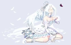 Rule 34 | 1girl, bare shoulders, bug, butterfly, crown, detached sleeves, dress, eyelashes, closed eyes, feathers, high heels, insect, kaedeko (kaedelic), kiratto pri chan, long hair, pretty series, shiratori anju, sitting, sleeves past wrists, solo, wariza, white feathers, white hair, wings