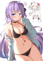 Rule 34 | &gt; &lt;, 3girls, :d, > <, ^^^, absurdres, afterimage, ahoge, ahoge wag, azur lane, bikini, black bikini, black choker, black ribbon, blue eyes, blue jacket, blush, blush stickers, breasts, chibi, chibi inset, choker, cleavage, closed eyes, closed mouth, collarbone, expressive hair, flying sweatdrops, groin, hair bun, hair ribbon, halterneck, hand up, headgear, highres, illustrious (azur lane), jacket, long hair, long sleeves, looking at viewer, low twintails, medium breasts, moyoron, multiple girls, navel, off shoulder, one side up, open clothes, open jacket, open mouth, prinz eugen (azur lane), purple hair, ribbon, side bun, simple background, single hair bun, single side bun, sleeves past wrists, smile, swimsuit, thumbs up, twintails, two side up, unicorn (azur lane), very long hair, white background, xd