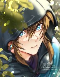 Rule 34 | 1boy, artist name, black cape, blonde hair, blue eyes, blue shirt, blurry, blurry background, blurry foreground, blush, cape, earrings, from above, highres, hood, hood up, hooded cape, jewelry, lazoomaiga, link, looking up, male focus, medium hair, nintendo, outdoors, plant, portrait, shirt, solo, the legend of zelda, the legend of zelda: breath of the wild