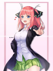 Rule 34 | 1girl, :d, black jacket, blue eyes, blush, breasts, butterfly hair ornament, buttons, caba (caba091), collarbone, collared shirt, cowboy shot, framed, go-toubun no hanayome, gradient background, green skirt, hair ornament, hand on own hip, heart, highres, index finger raised, jacket, large breasts, long hair, long sleeves, looking at viewer, miniskirt, nakano nino, open clothes, open jacket, open mouth, outside border, pink hair, pleated skirt, school uniform, shirt, skirt, smile, solo, standing, twitter username, two side up, v-shaped eyebrows, white shirt