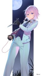 Rule 34 | 1girl, alternate costume, artist name, balisong, belt, black gloves, black necktie, blue eyes, blue vest, braid, buttoned cuffs, buttons, closed mouth, formal, full moon, gloves, gold trim, green ribbon, hair between eyes, hair ribbon, highres, holding, holding pocket watch, izayoi sakuya, knife, long sleeves, looking at viewer, moon, necktie, pants, pillarboxed, pocket watch, recare, ribbon, short hair, solo, standing, touhou, tress ribbon, twin braids, vest, watch, white hair, white pants