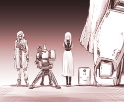 Rule 34 | 1girl, 3others, clothed robot, coat, commentary, dress, gun, highres, hood, hooded coat, humanoid robot, ishiyumi, long dress, mechanical buddy universe, monochrome, multiple others, overcoat, rifle, robot, science fiction, sepia, shoes, sniper rifle, submachine gun, title page, weapon