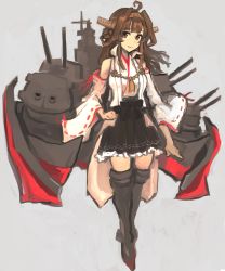 Rule 34 | 1girl, absurdres, ahoge, black skirt, boots, breasts, brown eyes, brown hair, detached sleeves, double bun, frilled skirt, frills, full body, grey background, hair bun, headgear, high collar, highres, japanese clothes, kantai collection, kongou (kancolle), kongou kai ni (kancolle), long hair, moor, nontraditional miko, ribbon-trimmed sleeves, ribbon trim, rigging, sidelocks, simple background, skirt, smile, solo, tassel, thigh boots, thighhighs