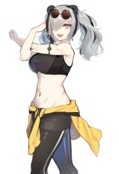 Rule 34 | 1girl, animal ears, arknights, bare arms, bare shoulders, black hair, black pants, breasts, clothes around waist, commentary request, crop top, eyewear on head, feater (arknights), feater (dojo star) (arknights), feet out of frame, grey hair, highres, jacket, jacket around waist, large breasts, leggings, long hair, midriff, navel, official alternate costume, panda ears, pants, ririri (lilili tea), simple background, solo, sports bra, standing, stomach, sunglasses, twintails, white background, yellow eyes, yellow jacket