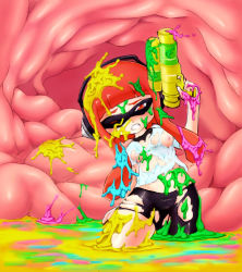 Rule 34 | 1girl, bike shorts, breasts, camel (dansen), domino mask, headphones, inkling player character, inside creature, mask, messy, nintendo, nipples, one eye closed, small breasts, solo, splatoon (series), tentacle hair, torn clothes, vore, weapon