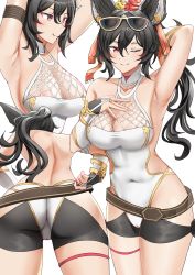 Rule 34 | 1girl, arm behind head, arm up, armpits, ass, back, bare shoulders, black hair, blush, breasts, erune, granblue fantasy, highres, ilsa (granblue fantasy), large breasts, long hair, looking at viewer, multiple views, one-piece swimsuit, one eye closed, ponytail, red eyes, smile, springveiv, swimsuit, thighs, white one-piece swimsuit