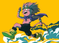 Rule 34 | 1boy, beelzebub (sand land), black shorts, boots, bracelet, cape, colored skin, commentary request, demon boy, goggles, goggles on head, highres, horns, jewelry, kouji08250, looking to the side, male focus, open mouth, pink skin, pointy ears, purple cape, running, sand land, shorts, simple background, solo, tail, yellow background, yellow footwear