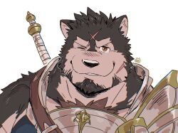 Rule 34 | 1boy, animal ears, another eidos-r, armor, artist logo, bara, billford (another eidos), breastplate, commentary, dog boy, dog ears, english commentary, facial scar, furry, furry male, gamubear, looking at viewer, male focus, multiple scars, one eye closed, pauldrons, scar, scar on cheek, scar on face, scar on head, shoulder armor, single pauldron, smile, sword, thick eyebrows, upper body, weapon, weapon on back, white background