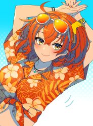 Rule 34 | 1girl, ahoge, arms behind head, blue background, commentary request, eyewear on head, fate/grand order, fate (series), front-tie top, fujimaru ritsuka (female), fujimaru ritsuka (female) (tropical summer), hair between eyes, hair ornament, hair scrunchie, hawaiian shirt, highres, jewelry, necklace, neko-san (dim.dream), official alternate costume, orange eyes, orange hair, scrunchie, shirt, side ponytail, smile, solo, sunglasses, tropical summer (fate), wristband, yellow scrunchie