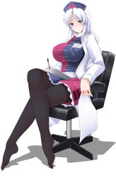 Rule 34 | 1girl, alternate hairstyle, bad id, bad pixiv id, black pantyhose, blush, breasts, chair, crossed legs, feet, gisyo, hat, highres, huge breasts, impossible clothes, impossible shirt, lab coat, large breasts, legs, light smile, long hair, looking at viewer, naughty face, no shoes, nurse cap, office chair, pantyhose, pen, shirt, sitting, swivel chair, touhou, trigram, yagokoro eirin