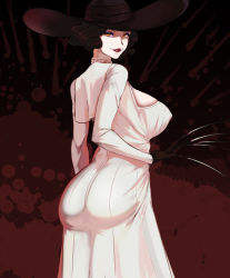 Rule 34 | 1girl, 47 hard, alcina dimitrescu, ass, black hair, breasts, dress, hat, highres, jewelry, large breasts, lipstick, looking at viewer, looking back, makeup, red background, red lips, resident evil, resident evil village, short hair, simple background, white dress, yellow eyes