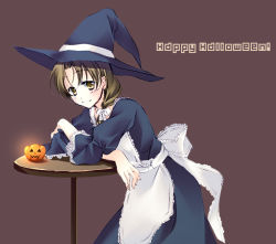 Rule 34 | 1girl, apron, braid, brown hair, dress, female focus, halloween, hat, jack-o&#039;-lantern, long sleeves, looking at viewer, puffy sleeves, single braid, smile, solo, table, wide sleeves, witch, witch hat, yellow eyes