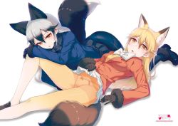 Rule 34 | 10s, 2girls, 40hara, animal ears, black gloves, black pantyhose, blazer, blonde hair, boots, bow, bow panties, bowtie, breasts, clothes lift, crotch seam, ezo red fox (kemono friends), fox ears, fox tail, fur trim, gloves, hair between eyes, interrupted, jacket, kemono friends, loafers, looking at viewer, lying, medium breasts, multicolored hair, multiple girls, on back, on side, orange eyes, orange pantyhose, panties, panties under pantyhose, pantyhose, parted lips, shadow, shoes, silver fox (kemono friends), silver hair, simple background, skirt, skirt lift, tail, thighband pantyhose, tsurime, two-tone hair, underwear