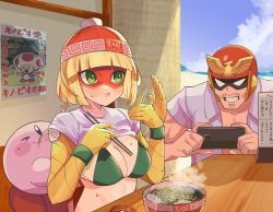 Rule 34 | 1boy, 1girl, :t, alternate costume, arms (game), beach, beanie, bikini, bikini top only, blonde hair, bowl, breasts, captain falcon, cellphone, chopsticks, cleavage, closed mouth, clothes lift, cloud, commentary request, day, domino mask, eating, f-zero, fanning self, food, green bikini, green eyes, grin, hat, helmet, highres, holding, holding chopsticks, hot, katwo, kirby, kirby (series), mario (series), mask, medium breasts, min min (arms), motion blur, nintendo, noodles, paper mario, phone, poster (object), ramen, red headwear, sand, shirt lift, short hair, sky, smartphone, smile, super smash bros., sweat, swimsuit, taking picture, teeth, toad (mario), water