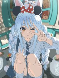 Rule 34 | 4girls, absurdres, animal ears, aqua butterfly, bare legs, blue hair, blue necktie, bow, braid, brown eyes, bug, butterfly, closed mouth, collared shirt, commentary request, floor, hair bow, hand on own knee, hasu, highres, hololive, houshou marine, indoors, insect, long hair, long sleeves, looking at viewer, looking through window, loose necktie, loose socks, multicolored hair, multicolored necktie, multiple girls, necktie, one eye closed, polka dot, polka dot bow, rabbit-shaped pupils, rabbit ears, rabbit girl, red bow, school uniform, shiranui flare, shirogane noel, shirt, shirt tucked in, sidelocks, sleeves rolled up, smile, socks, squatting, stone floor, striped necktie, stuffed animal, stuffed toy, symbol-shaped pupils, thighs, twin braids, two-tone hair, usada pekora, v, very long hair, virtual youtuber, white bow, white hair, white necktie, white shirt, white socks, window