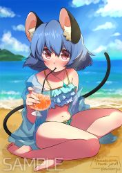 Rule 34 | 1girl, animal ears, barefoot, beach, blue sky, cat tail, cloud, cloudy sky, day, horizon, mouse ears, mouse tail, nazrin, ocean, outdoors, sand, sky, swimsuit, tail, take no ko (4919400), touhou